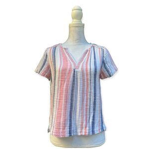 CASLON MULTICOLOR VERTICAL STRIPE BOXY COTTON SHORT SLEEVE TOP PETITE SMALL